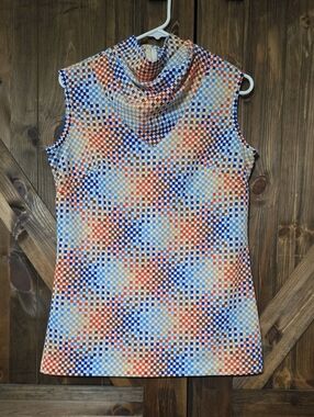 Vintage 60s/70s Sleeveless Cowl Neck Geometric Print Micro Mini Dress